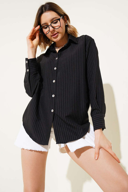 Wide Cuffed Pinstripe Shirt Black Striped