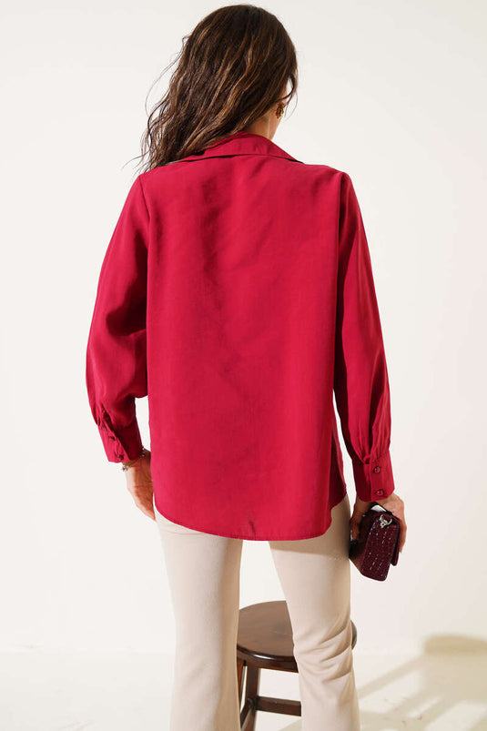 Wide Cuffed Tencel Short Shirt Burgundy