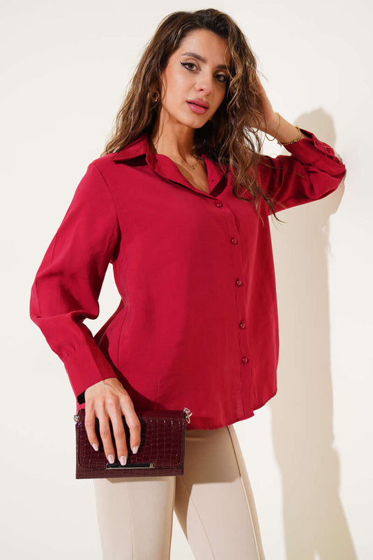 Wide Cuffed Tencel Short Shirt Burgundy