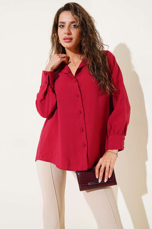 Wide Cuffed Tencel Short Shirt Burgundy