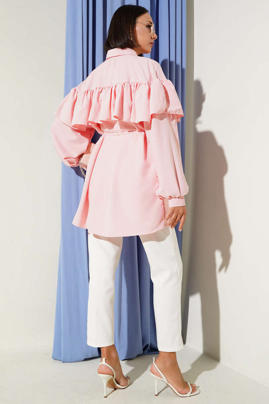 Wide Shoulder Ruffle Shirt Pink