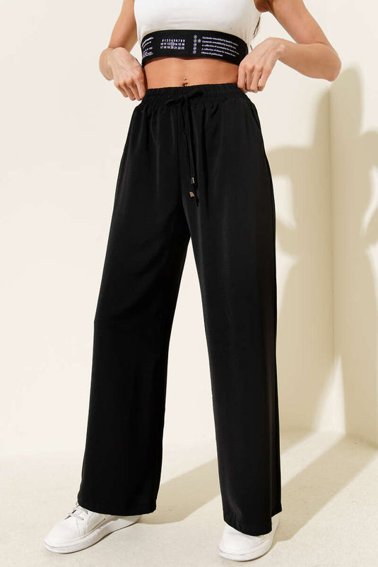 Wide-Leg Elastic Waist Tencel Trousers Black
