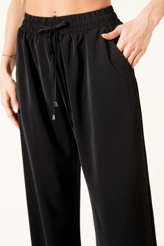Wide-Leg Elastic Waist Tencel Trousers Black