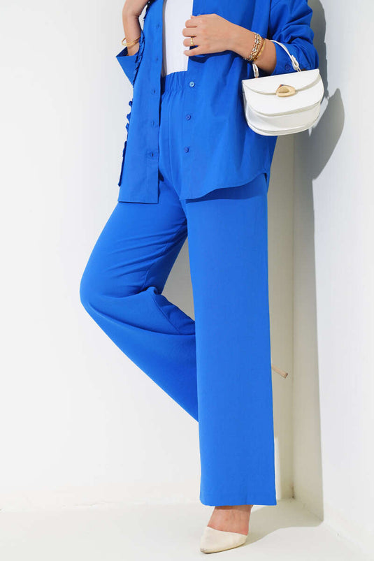 Wide Leg Elastic Waist Pants Royal Blue