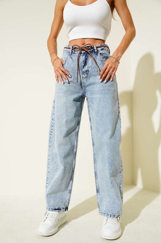 Wide Leg Leather Drawstring Jeans Light Snow