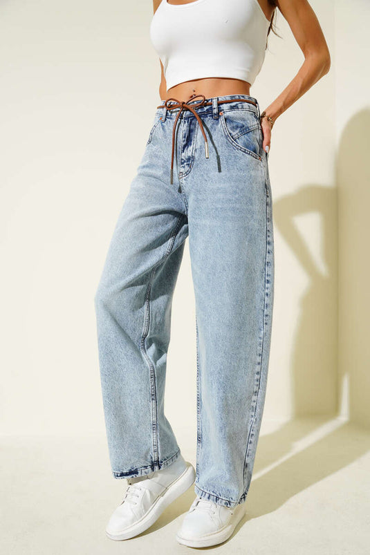 Wide Leg Leather Drawstring Jeans Light Snow