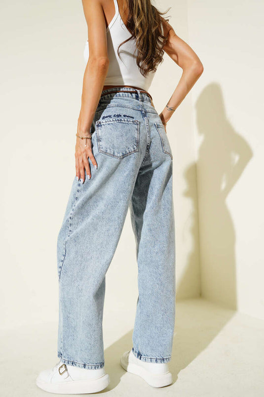 Wide Leg Leather Drawstring Jeans Light Snow