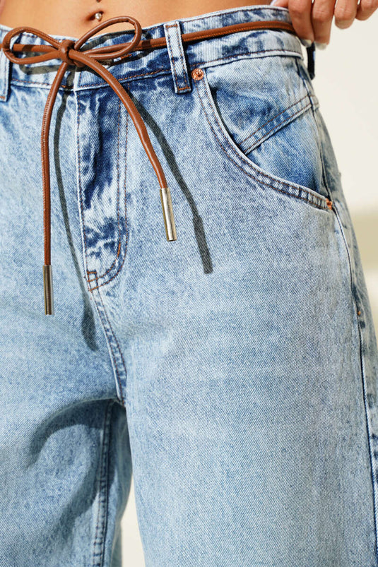 Wide Leg Leather Drawstring Jeans Light Snow