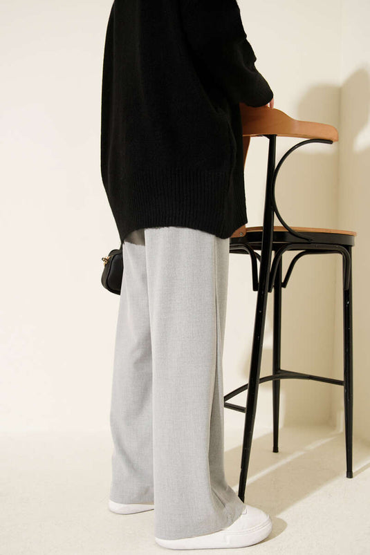 Geniş Paça Düğmeli Pantolon Gri