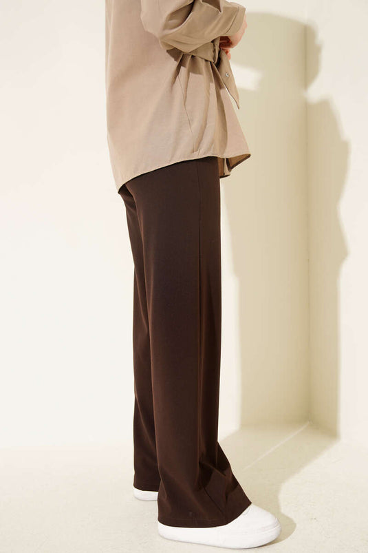 Geniş Paça Düğmeli Pantolon Kahve
