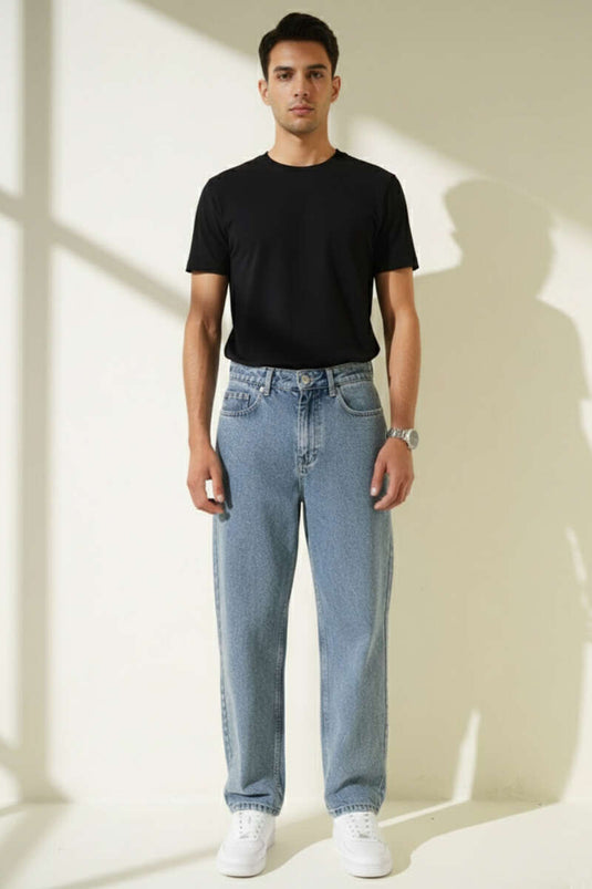 بنطال جينز رجالي بقصة ساق واسعة باللون الأزرق الكار