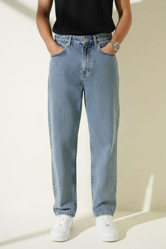 بنطال جينز رجالي بقصة ساق واسعة باللون الأزرق الكار