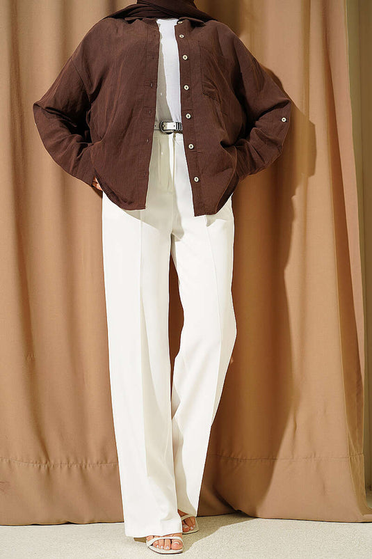Pantaloni Larghi Con Bottoni E Cintura In Ecru