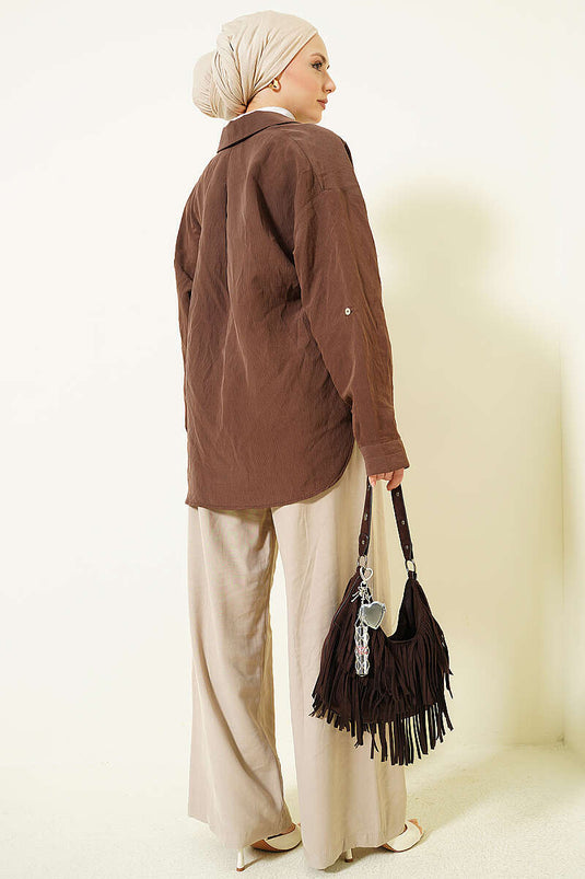 Pantaloni Tensel Beige con Elastico e Gamba Larga