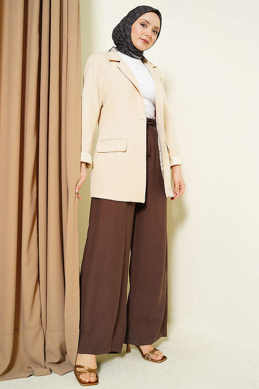 Pantalon Tensel à Taille Élastique et Jambe Large Marron