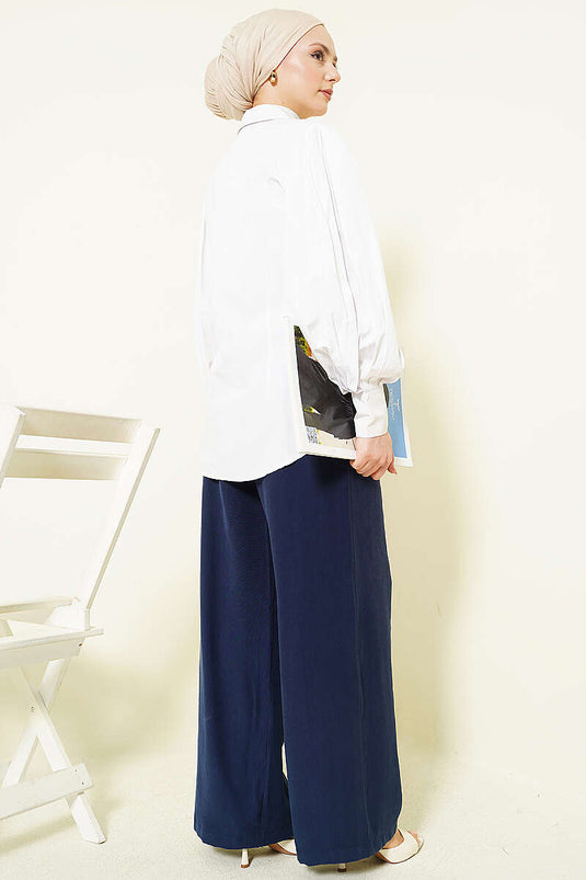 Pantalon élastique en tensel à jambes larges bleu marine