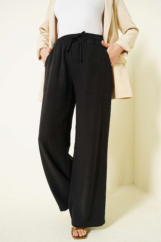 Pantalon Tensel à Taille Élastique et Jambe Large Noir