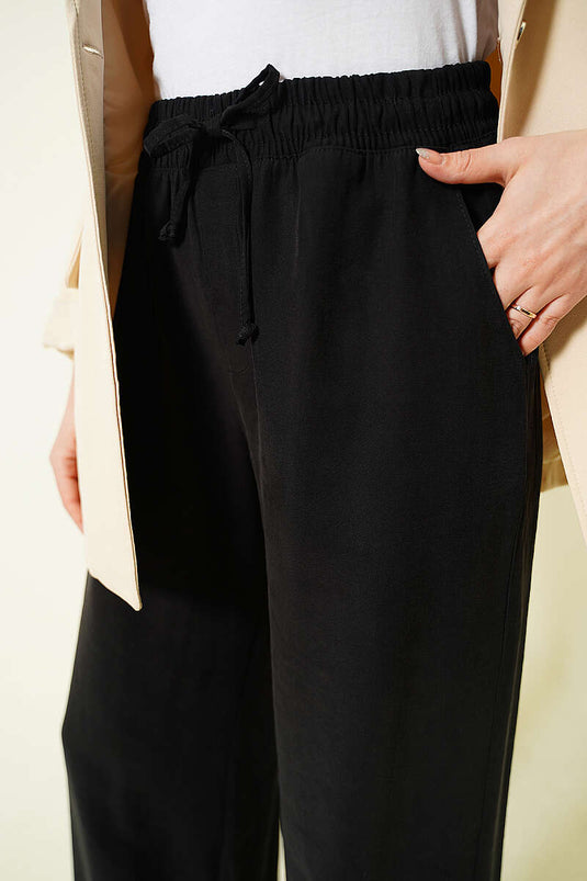 Pantalon Tensel à Taille Élastique et Jambe Large Noir