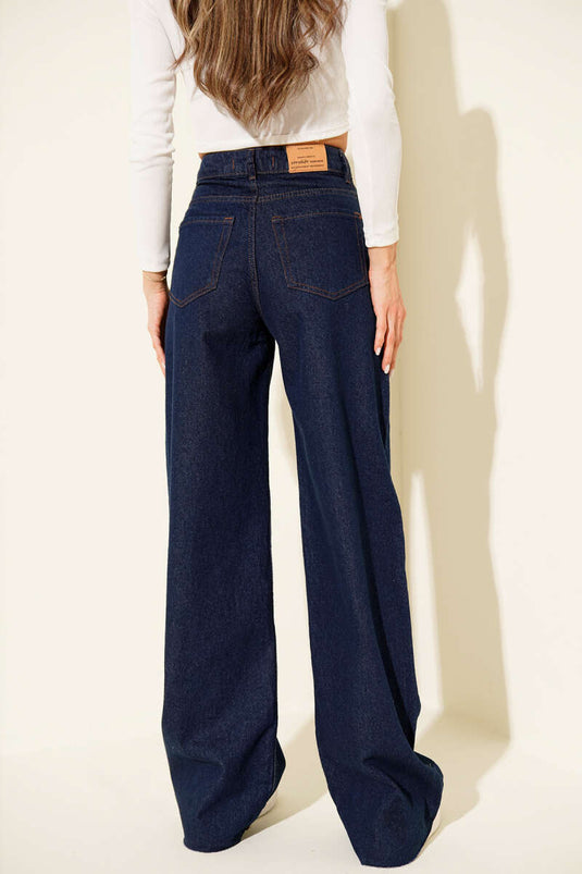 Geniş Paça Palazzo Düğmeli Kot Pantolon Lacivert