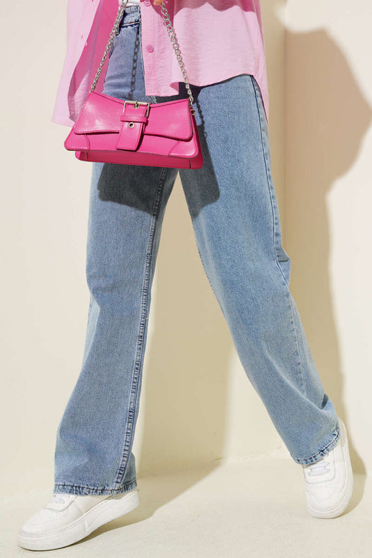 Wide Leg Palazzo Denim Trousers In Blue