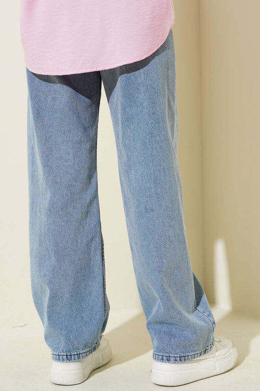 Wide Leg Palazzo Denim Trousers In Blue