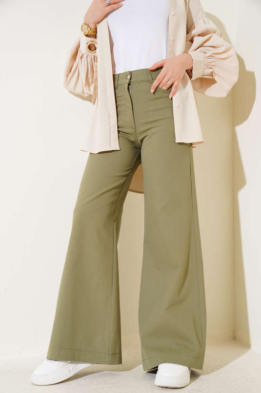 Wide Leg Cotton Trousers Khaki
