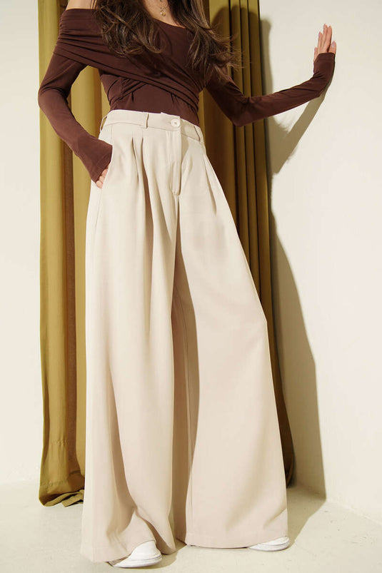 Beige Wide-Leg Pleated Loose Pants