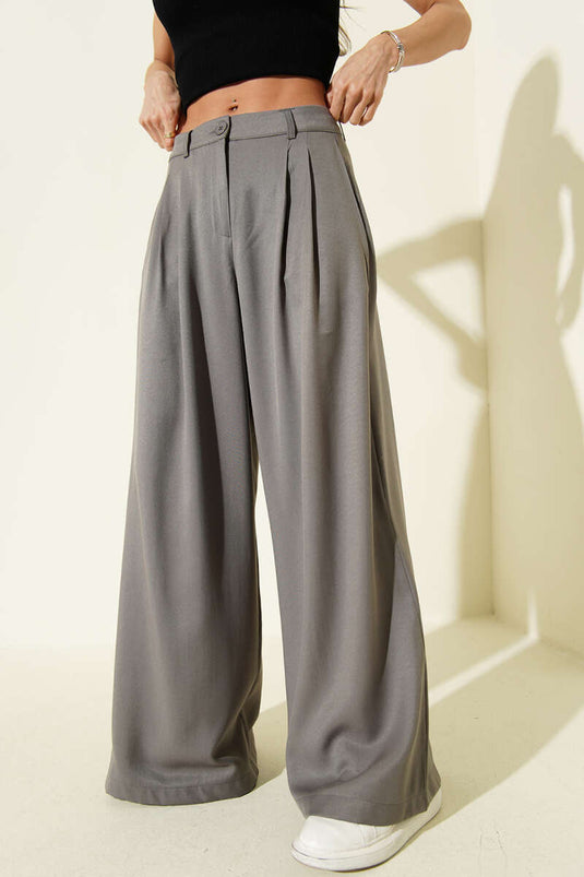 بنطال واسع الأرجل بكسرات فضفاض رمادي