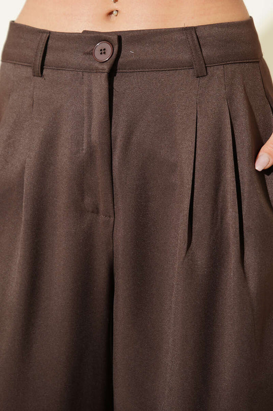 Wide-Leg Pleated Loose Trousers Brown