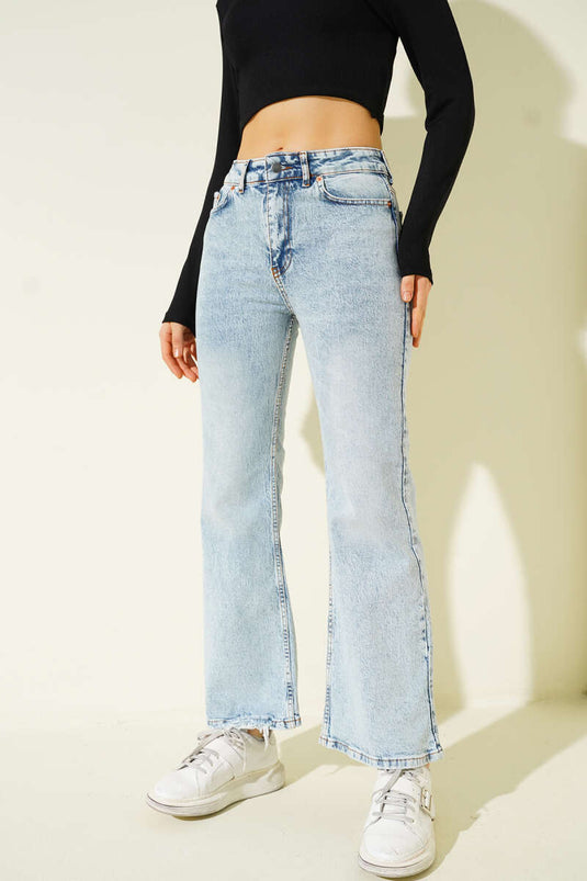 Wide-Leg Distressed Denim Trousers Light Gray