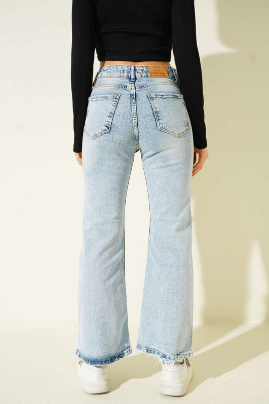 Wide-Leg Distressed Denim Trousers Light Gray