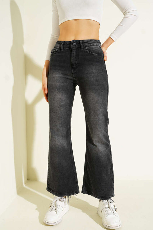 Wide-Leg Worn Denim Trousers Smoke Gray