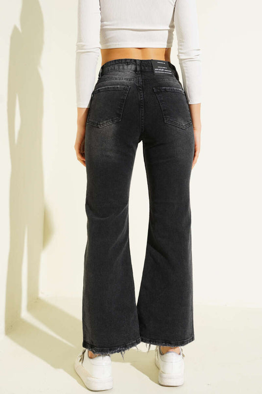 Wide-Leg Worn Denim Trousers Smoke Gray