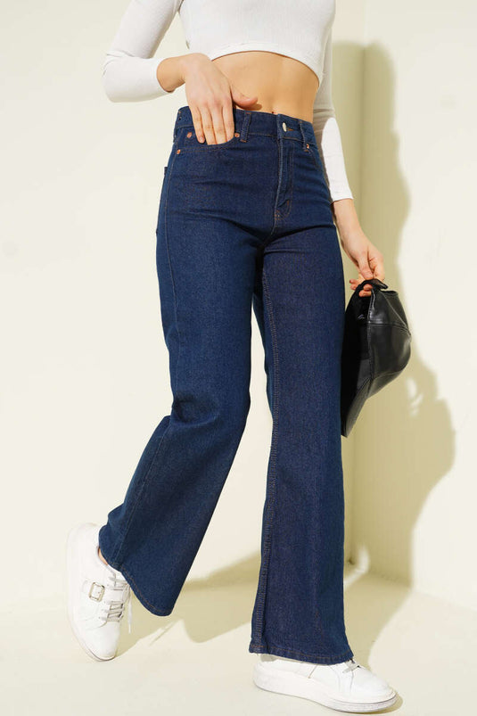 Wide-Leg Distressed Denim Trousers Navy Blue