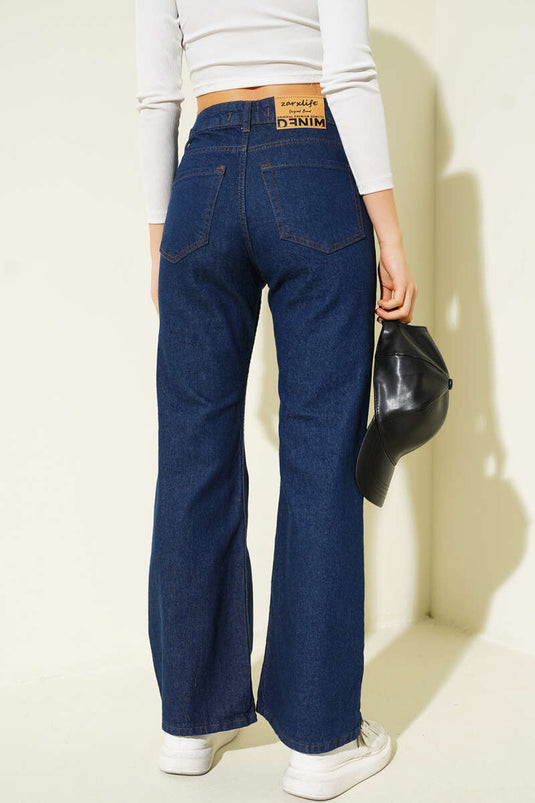 Wide-Leg Distressed Denim Trousers Navy Blue