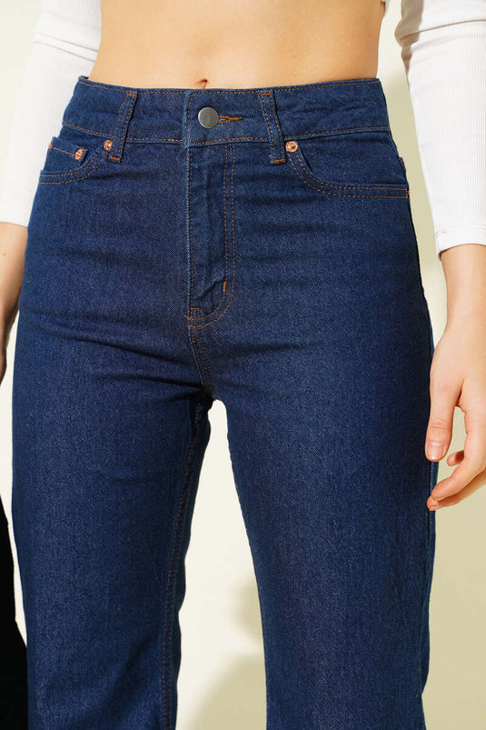 Wide-Leg Distressed Denim Trousers Navy Blue