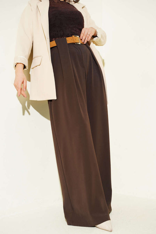 Wide-Leg Palazzo Fabric Trousers Brown