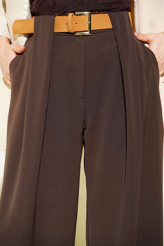 Wide-Leg Palazzo Fabric Trousers Brown