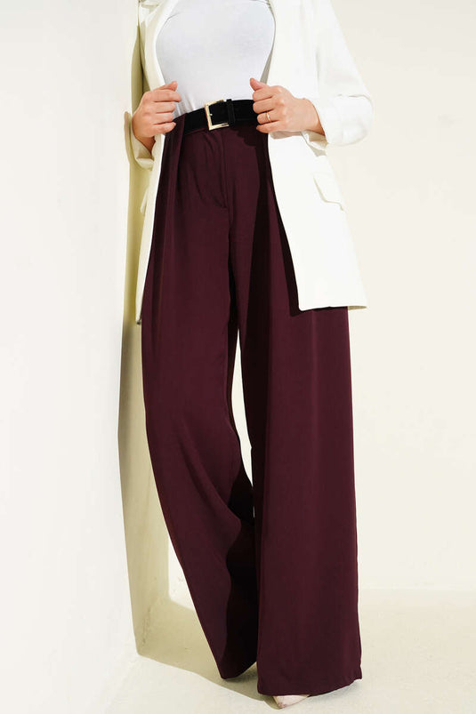 بنطال قماش بالازو واسع الساق بلون برقوقي