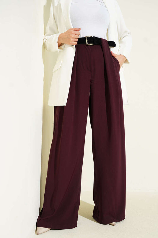 Geniş Paçalı Palazzo Kumaş Pantolon Mürdüm