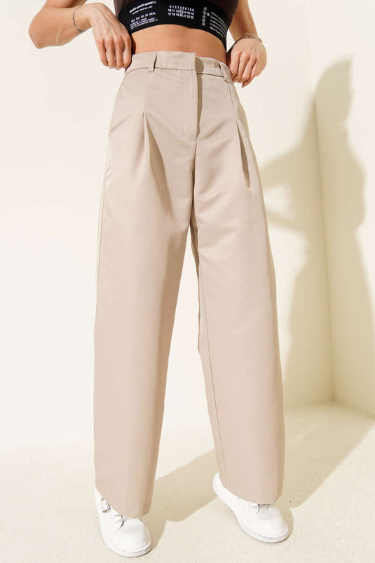 Geniş Paçalı Yan Şeritli Pantolon Bej