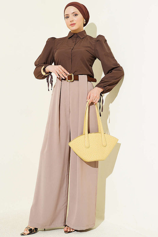 Pantaloni in tessuto con ampie pieghe color visone