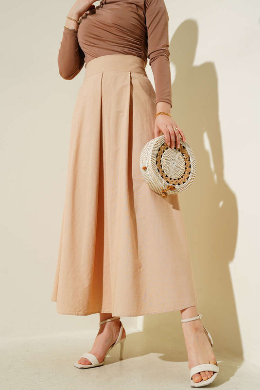 Wide Pleated Pocket Skirt Camel