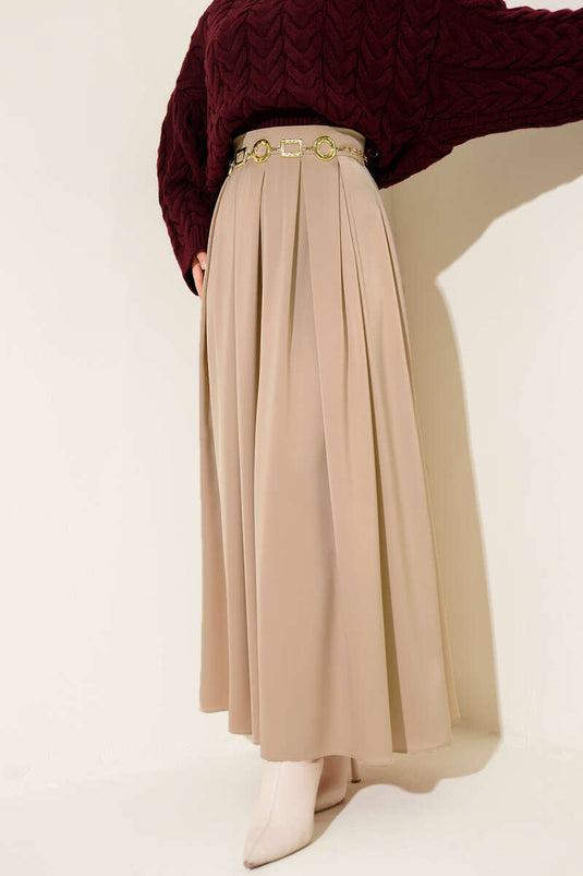 Geniş Pileli Saten Etek Camel