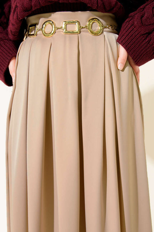 Geniş Pileli Saten Etek Camel