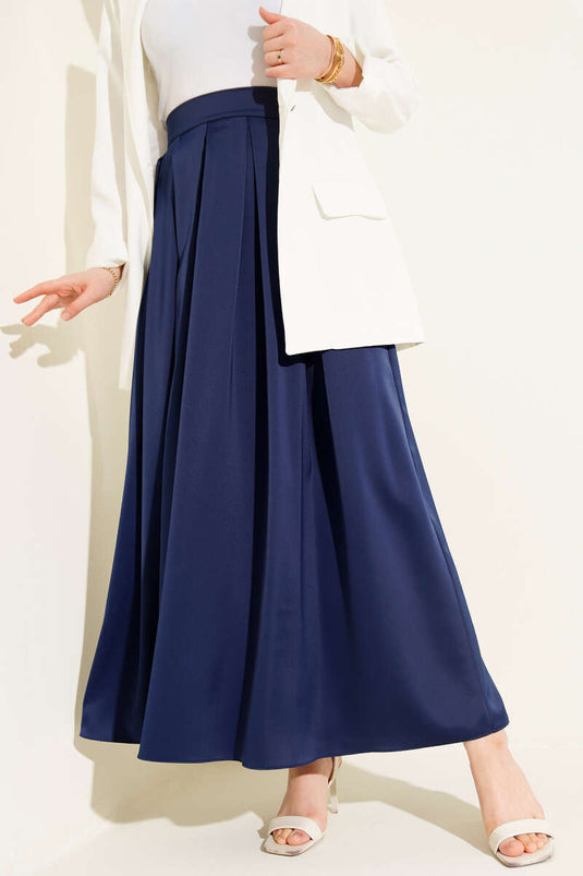 Geniş Pileli Saten Etek Lacivert