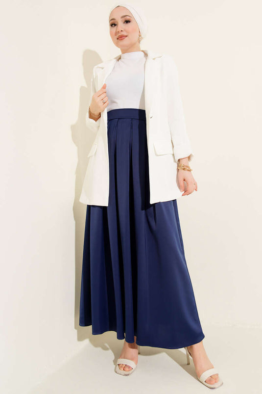 Weit gefältelter Satinsrock Dunkelblau