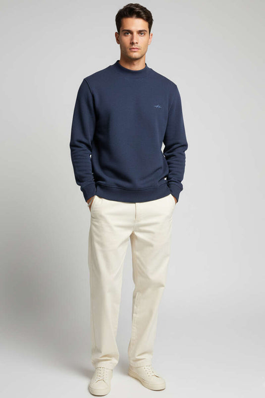 Wide Ribbed Knit Sweatshirt Navy Blue