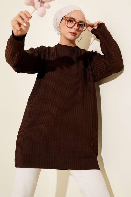 Wide Ribbed Knitted Tunic Dark Brown