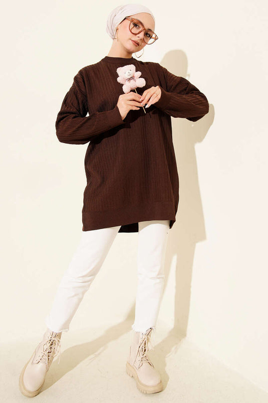 Wide Ribbed Knitted Tunic Dark Brown